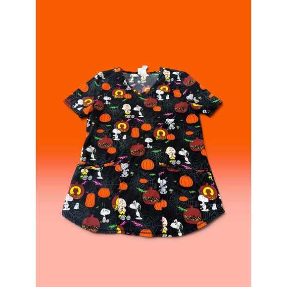 Peanuts Tops - Peanuts Halloween Scrub Top Snoopy Charlie Brown Pumpkins Black V-Neck Small
